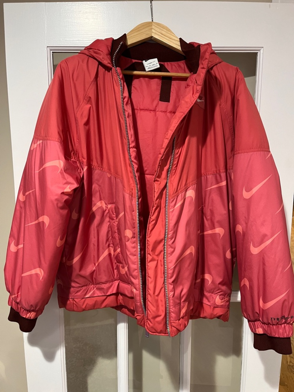 Nike Red Allover Swoosh Hooded Puffer Therma Tech Jacket